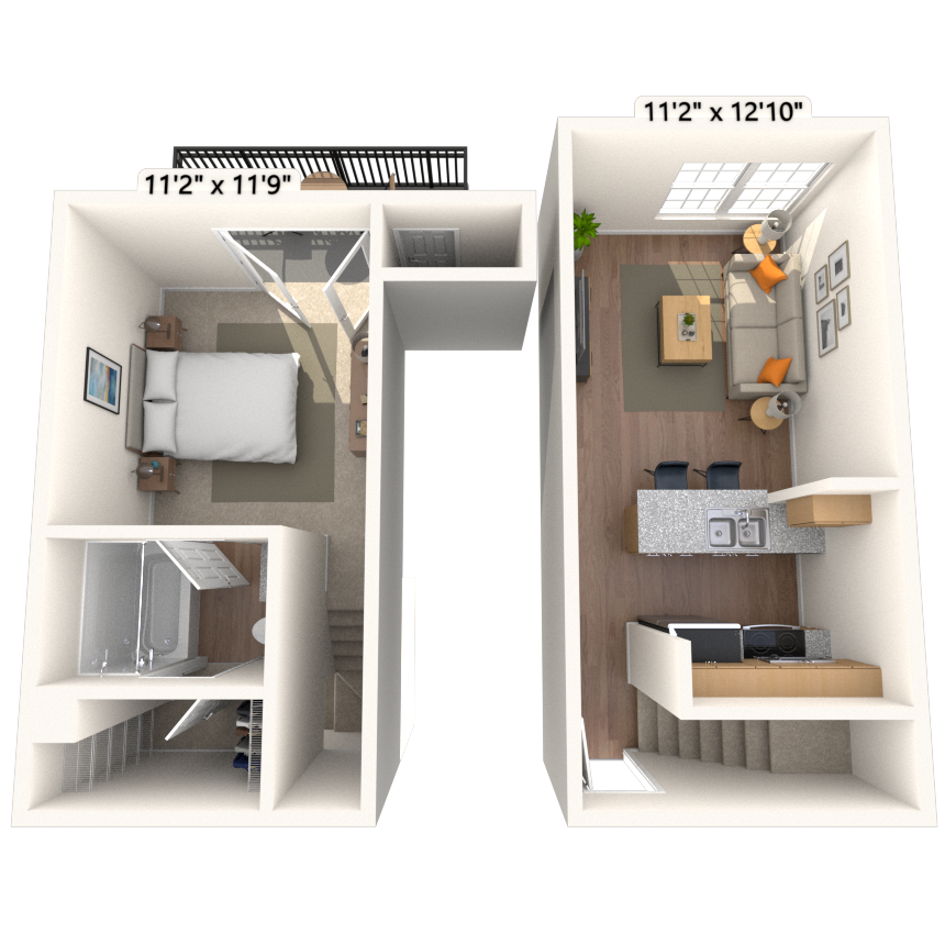 Floor plan for 1 bed, 1 bath, 576 sqft